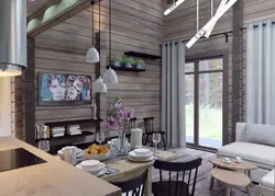Design in a wooden house kitchen living room