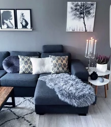 Bedroom with gray sofa photo