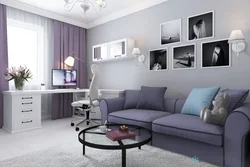 Bedroom with gray sofa photo