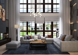 Living room with a large window in a modern style photo