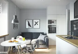 Gray kitchen design with sofa