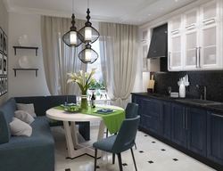 Gray kitchen design with sofa