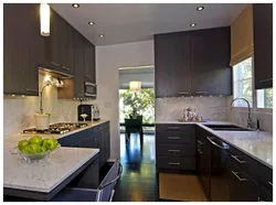 Gray kitchen interior with brown floor