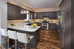 Gray kitchen interior with brown floor