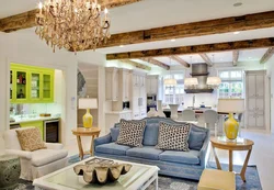 Living room kitchen design with beams
