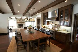 Living room kitchen design with beams
