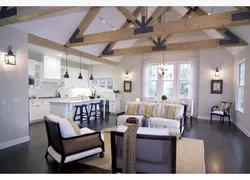 Living room kitchen design with beams