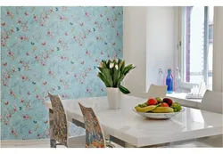 Blue wallpaper with flowers in the kitchen photo