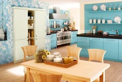 Blue wallpaper with flowers in the kitchen photo