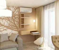 Photo of the interior of a small bedroom with a sofa