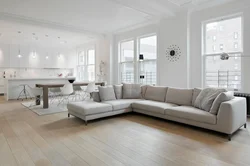 Living room design with gray laminate flooring