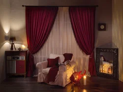 Red curtains in the living room interior