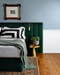Emerald bed in the bedroom interior photo
