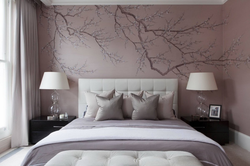 Wallpaper on the wall in the bedroom above the bed photo