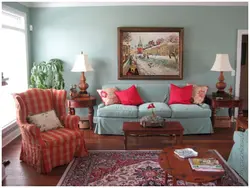 Red carpet in the living room interior