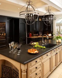 Dark kitchen with black countertop photo