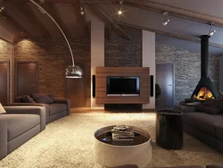 Şömine Ilə Loft Tipli Qonaq Otağının Fotoşəkili