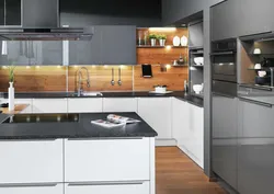 Black And White Kitchen With Wooden Countertop Photo