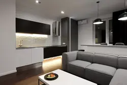 Divan və televizor ilə müasir mətbəx dizaynı