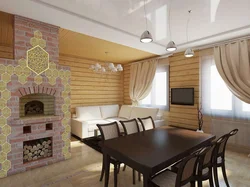 Living Room In A Wooden House With A Stove Photo