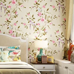 Wallpaper with birds in the bedroom interior