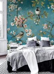 Wallpaper with birds in the bedroom interior