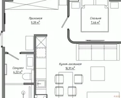 Тарҳи квартираи 1ҳуҷрагӣ 38 метри мураббаъ бо ошхона