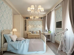 Bedroom interior in blue and beige tones