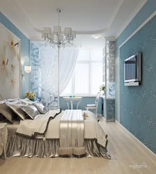 Bedroom interior in blue and beige tones