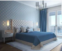 Bedroom interior in blue and beige tones