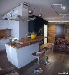 Bar peshtaxtasi bilan loft uslubidagi oshxona dizayni