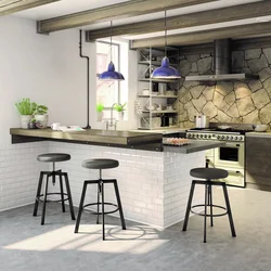 Bar peshtaxtasi bilan loft uslubidagi oshxona dizayni
