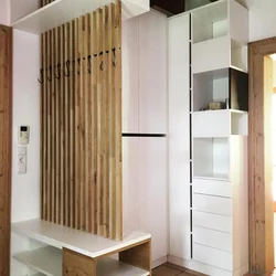 Wooden slats on the wall in the interior photo hallway