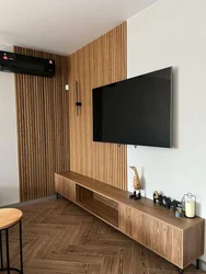 Wooden slats on the wall in the interior photo hallway