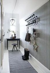 Wooden slats on the wall in the interior photo hallway