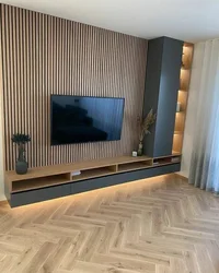 Wooden slats on the wall in the interior photo hallway