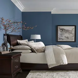 Gray blue wallpaper in the bedroom interior