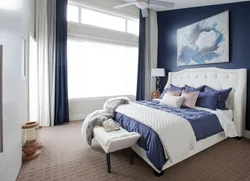 Gray blue wallpaper in the bedroom interior