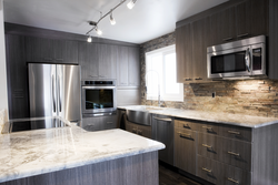 Kitchen interior white wood gray