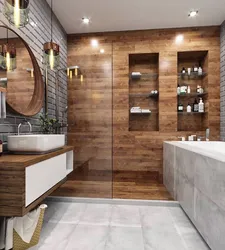 Bathroom design with dark tiles and wood