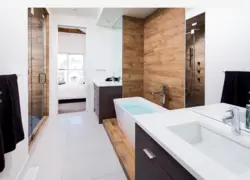 Qaranlıq plitələr və ağac ilə vanna otağı dizaynı