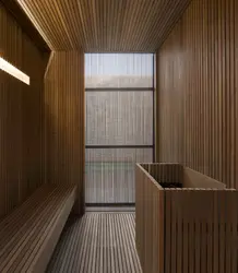 Wooden slats in the bathroom interior