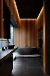 Wooden slats in the bathroom interior