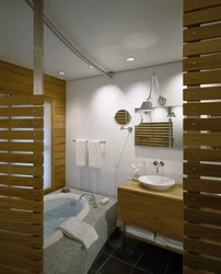 Wooden slats in the bathroom interior