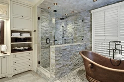 Stone walls in the bathroom interior
