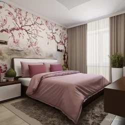 Bedroom design in pink and beige tones