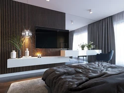 Slats behind the TV in the living room interior photo