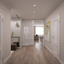 Apartment interior with dark floor and white doors