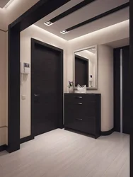 Apartment interior with dark floor and white doors