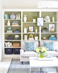 Decor on the shelves in the living room interior